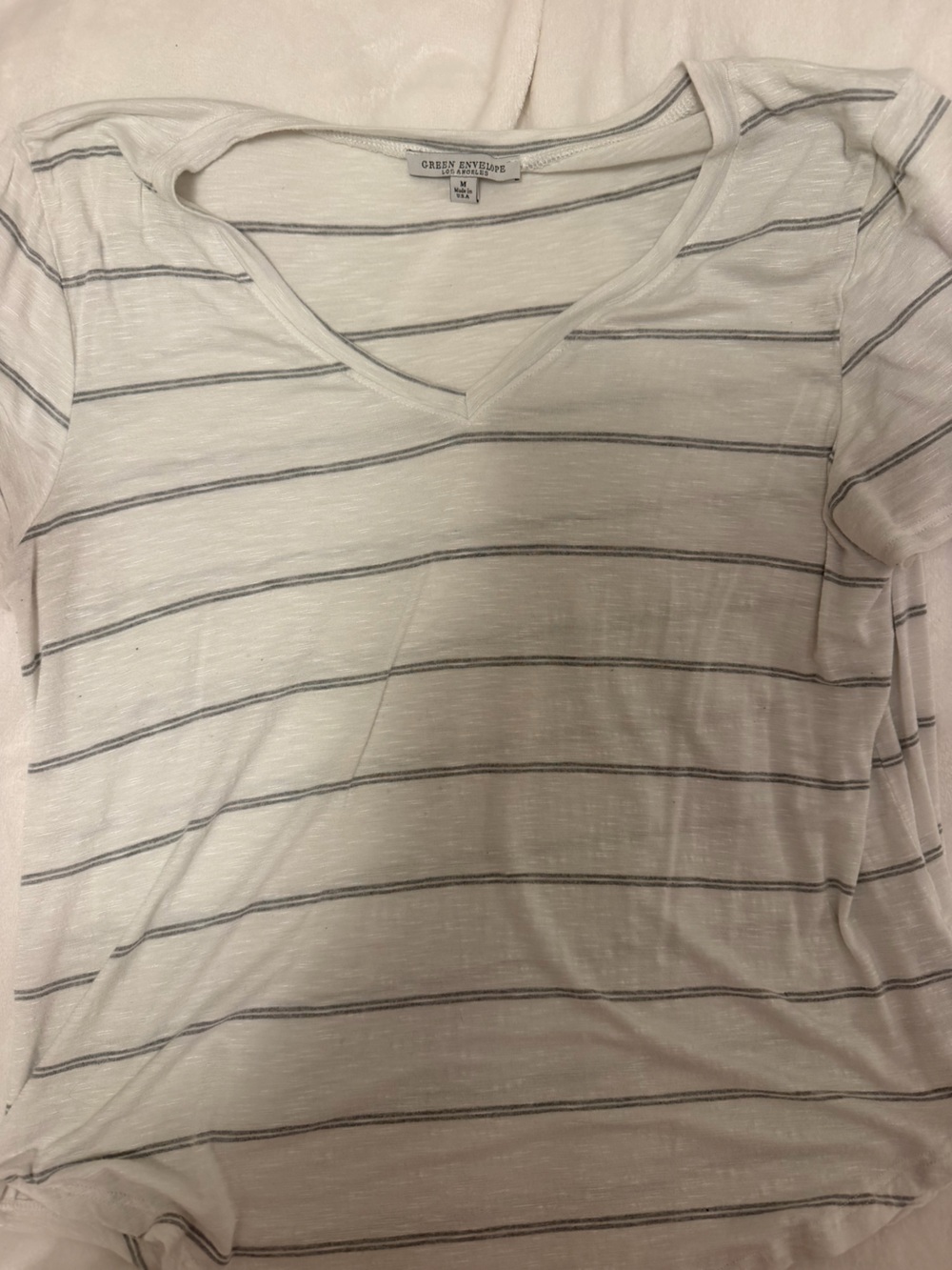 Green Envelope White Short Sleeve Tee with Thin Gray Stripes